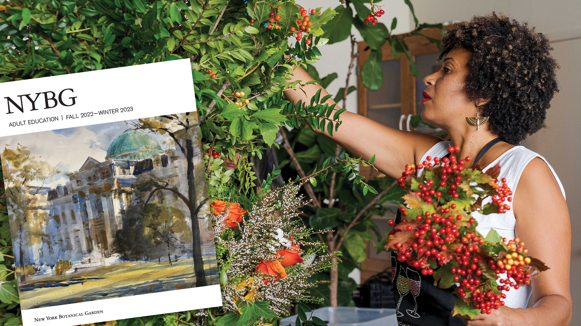 A catalog cover placed next to student creating a floral des