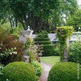 A brick pathway runs down the middle of a landscape with large round topiaries at the entrance of the path