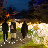 hree people in winter clothes walk along a path lit on either side with enormous, glowing balls of light.