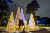 A couple in winter clothes poses for a photo in front of a display of illuminated conifers at night