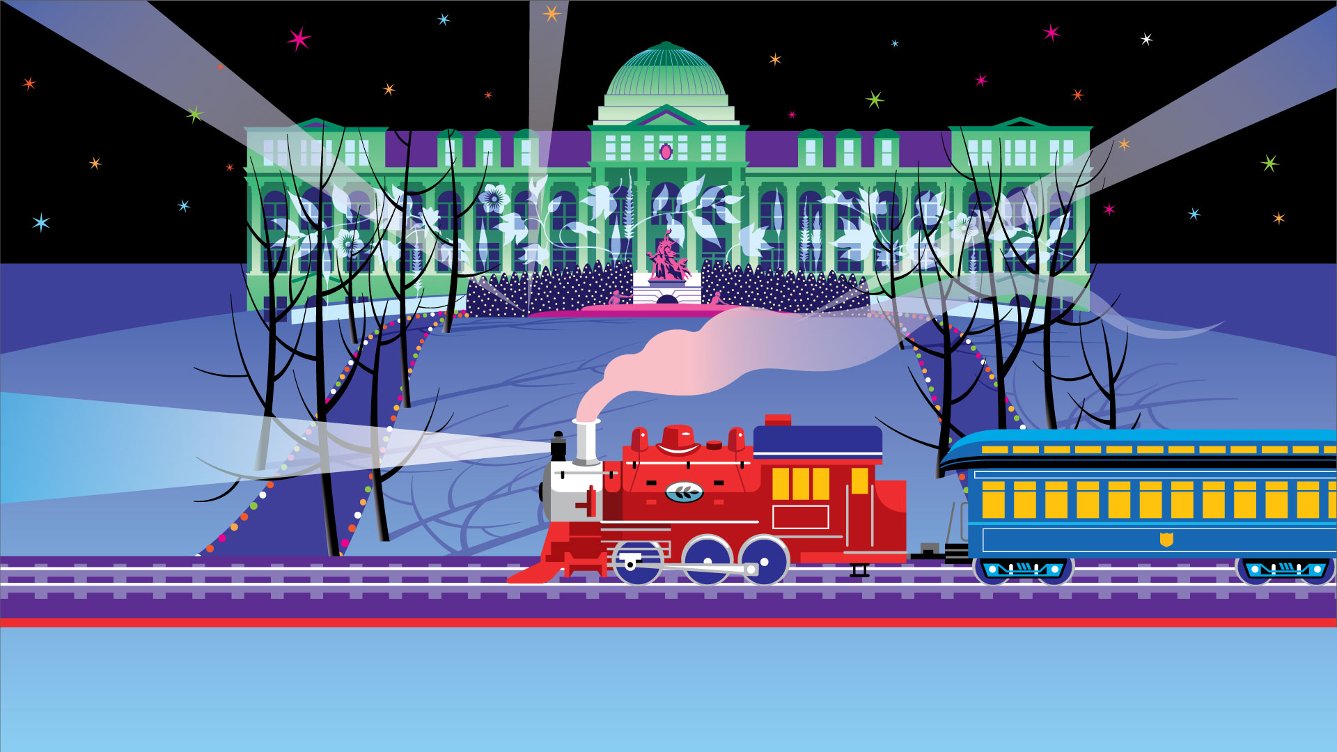 An illustration of a red locomotive crossing in front of a brilliantly lit classical building after dark