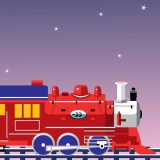 A red locomotive travels along a train track under a night sky