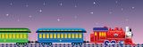 A red locomotive pulls train cars along a track after dark