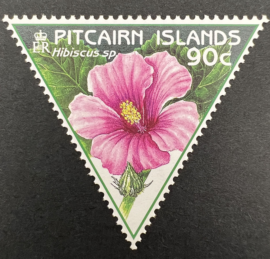A triangular stamp depicting a pink hibiscus with green foliage