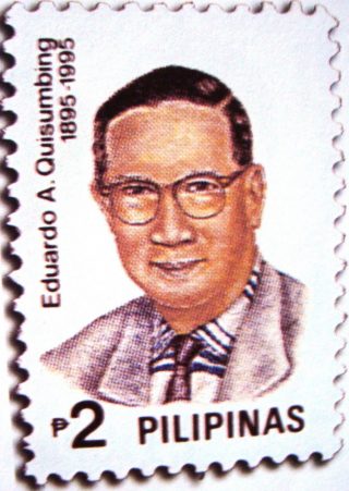 A stamp depicting a person with short black hair and glasses. It reads "2 Pilipinas"