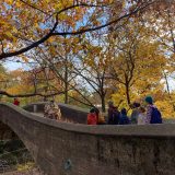 a group of people walking over a bridge with orange and yellow leaves on the surrounding trees