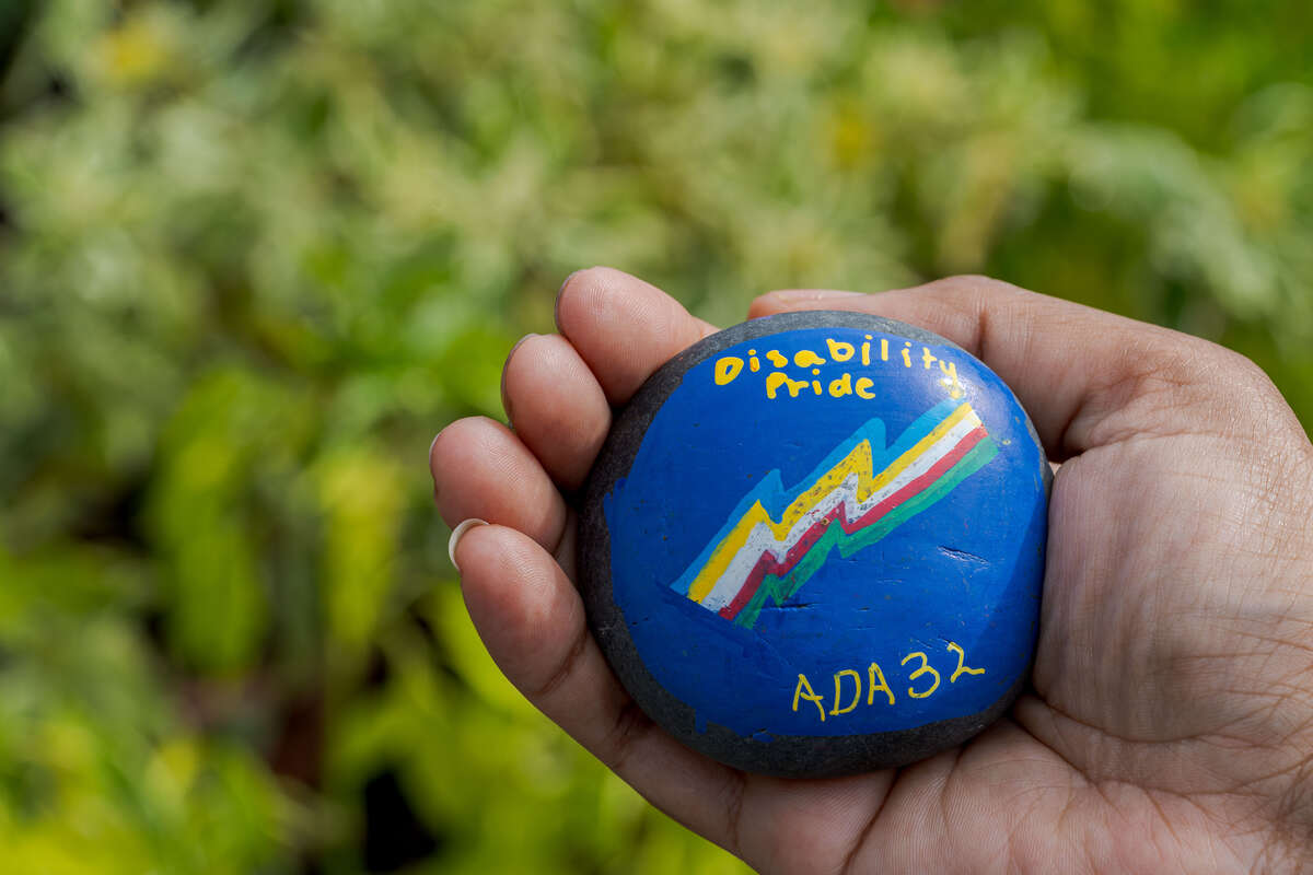 A painted gray rock with 