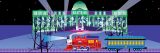 An illustration of a red locomotive crossing in front of a brilliantly lit classical building after dark