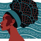 Face of person with outline of Africa in cheek with blue headband and black and blue hair.