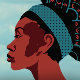 An illustration of a person's profile as they look leftward wearing a blue headwrap and hair pulled up