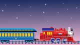 A red locomotive travels along a train track under a night sky