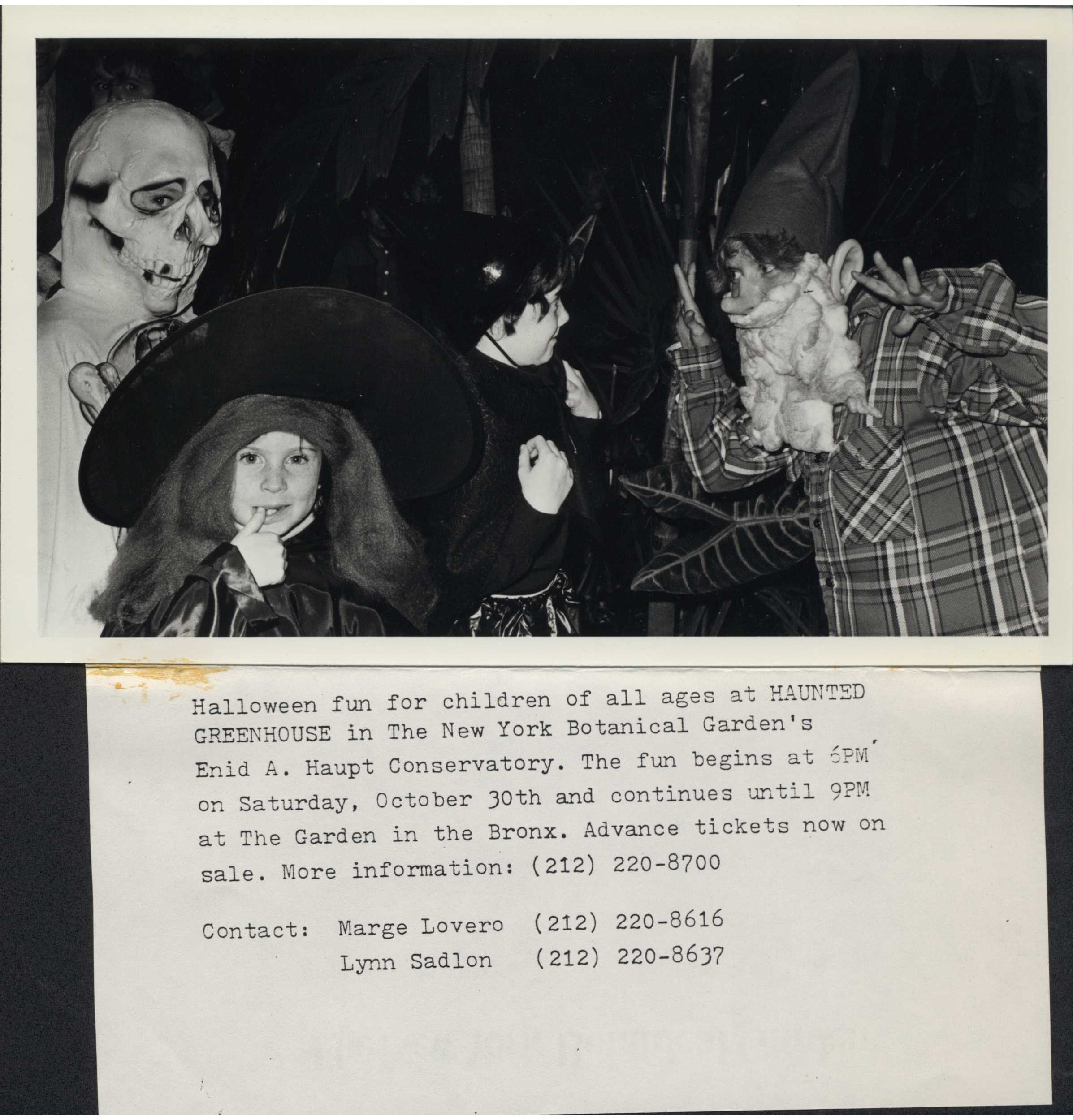 A black and white photograph of children in different Halloween costumes. Beneath the photograph there is printed information detailing the date and time of Haunted Greenhouse at the Conservatory.