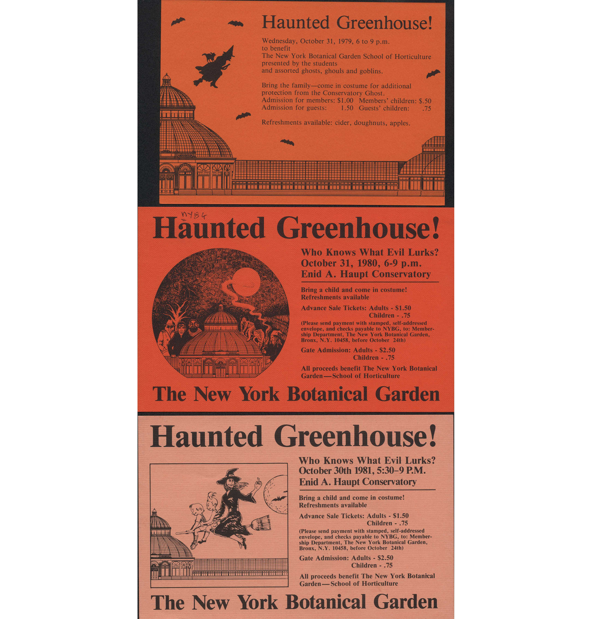 Three tickets from 1980 for entry into the Haunted Greenhouse. Each ticket is a different shade of orange with an image that depicts the Conservatory and spooky imagery.
