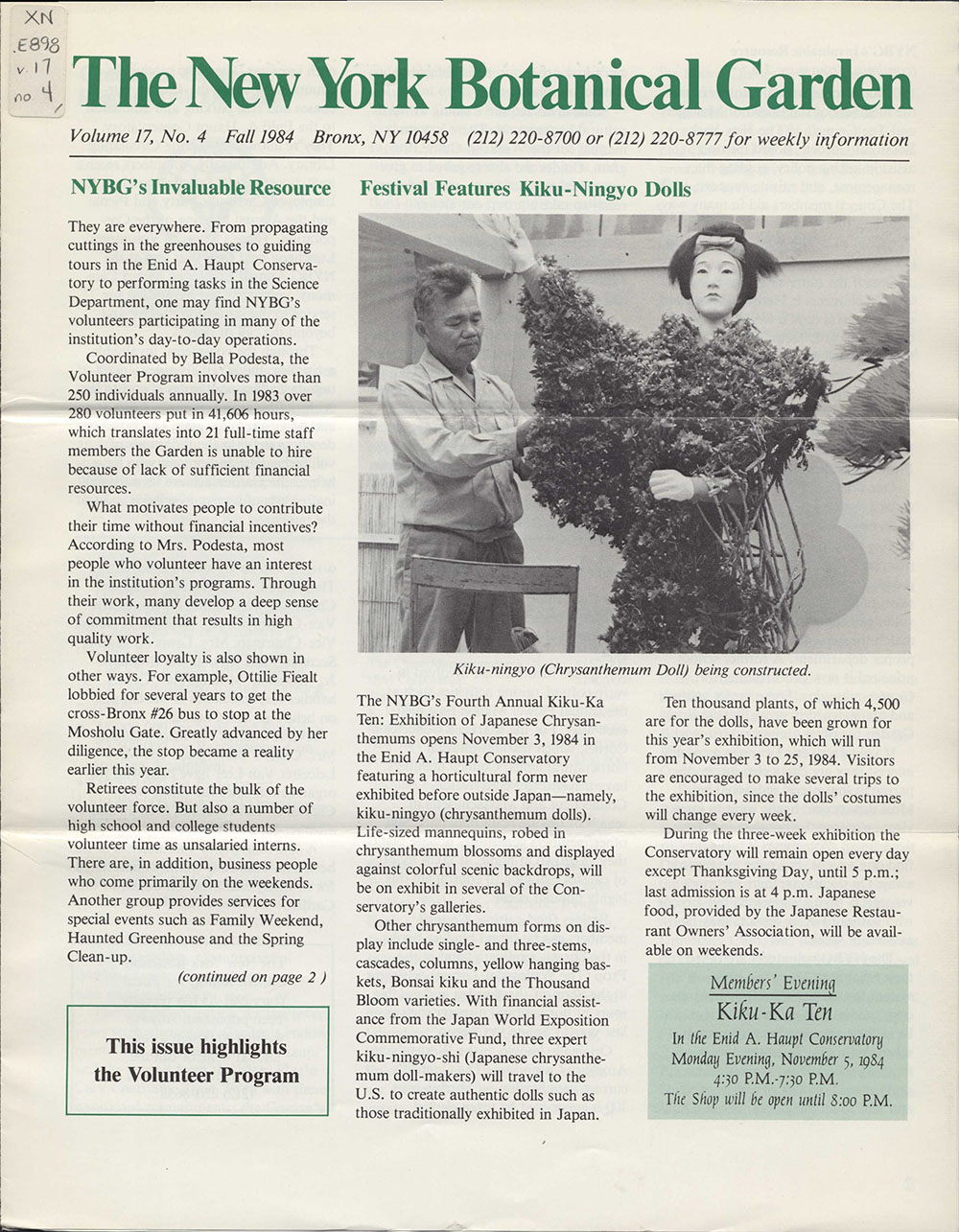 A newsletter by the New York Botanical Garden about Kiku, with a Kiku-ningyo (Chrysanthemum Doll) being constructed.