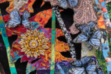 A collection of floral and butterfly elements worked into a collage of gold, blue, orange, and pink