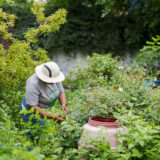 A person in a gray shirt and white brimmed hat works in a green garden.