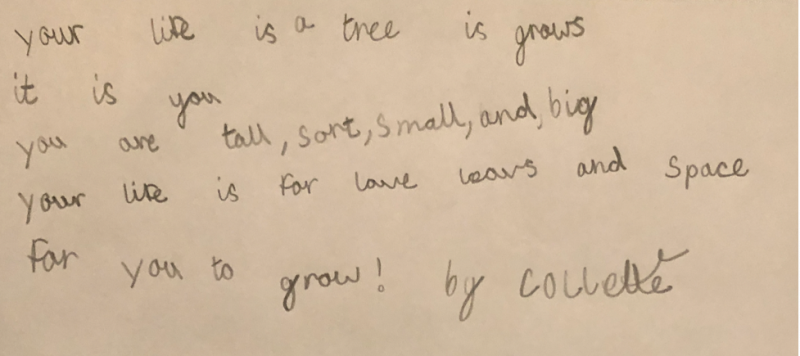 A child's handwritten poem that reads, "Your life is a tree is grows, it is you. You are tall, short, small, and big. Your life is for love leaves and space. For you to grow! By Collette"