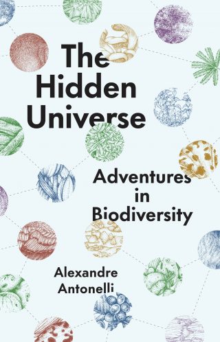 A book cover with many circles full of different botanical imagery, connected by dotted lines. The title, The Hidden Universe, is written in big black letters at the top.