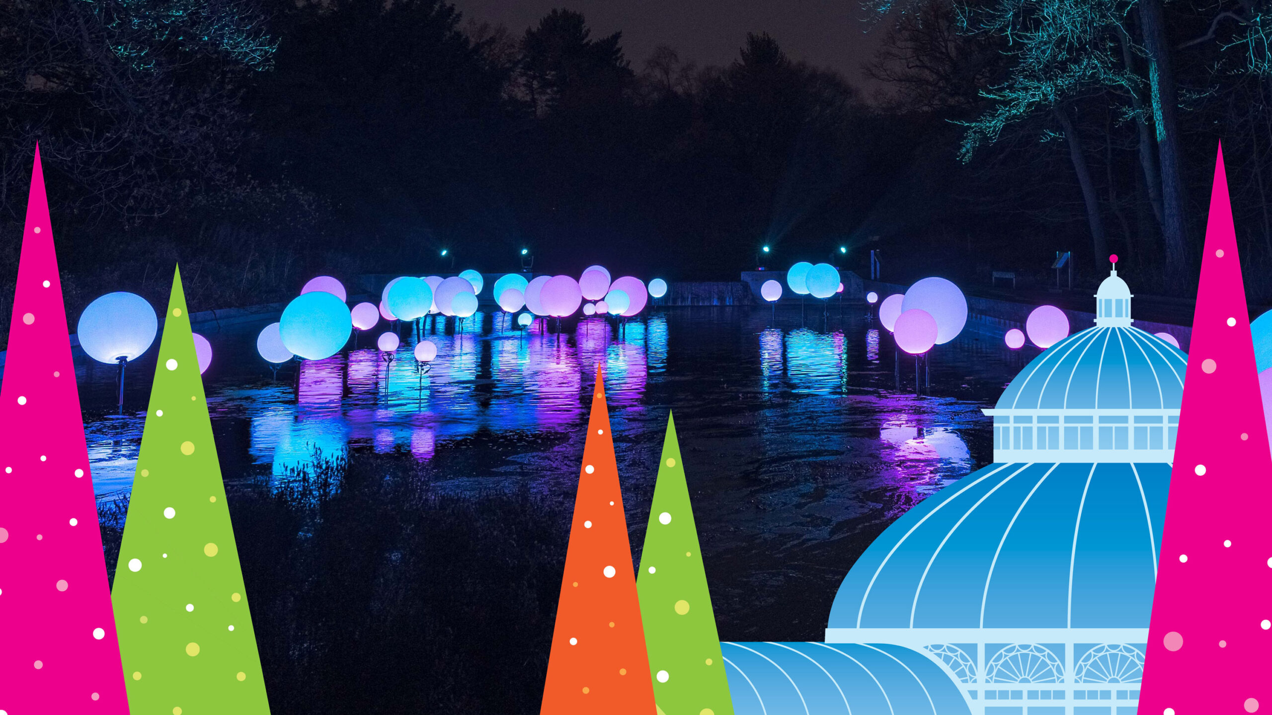 An illustration of pink and green stylized conifers laid against a display of glowing spheres over a water feature