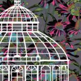 An illustration of a conservatory dome in white, with a background of pink, green, blue, and black flowers