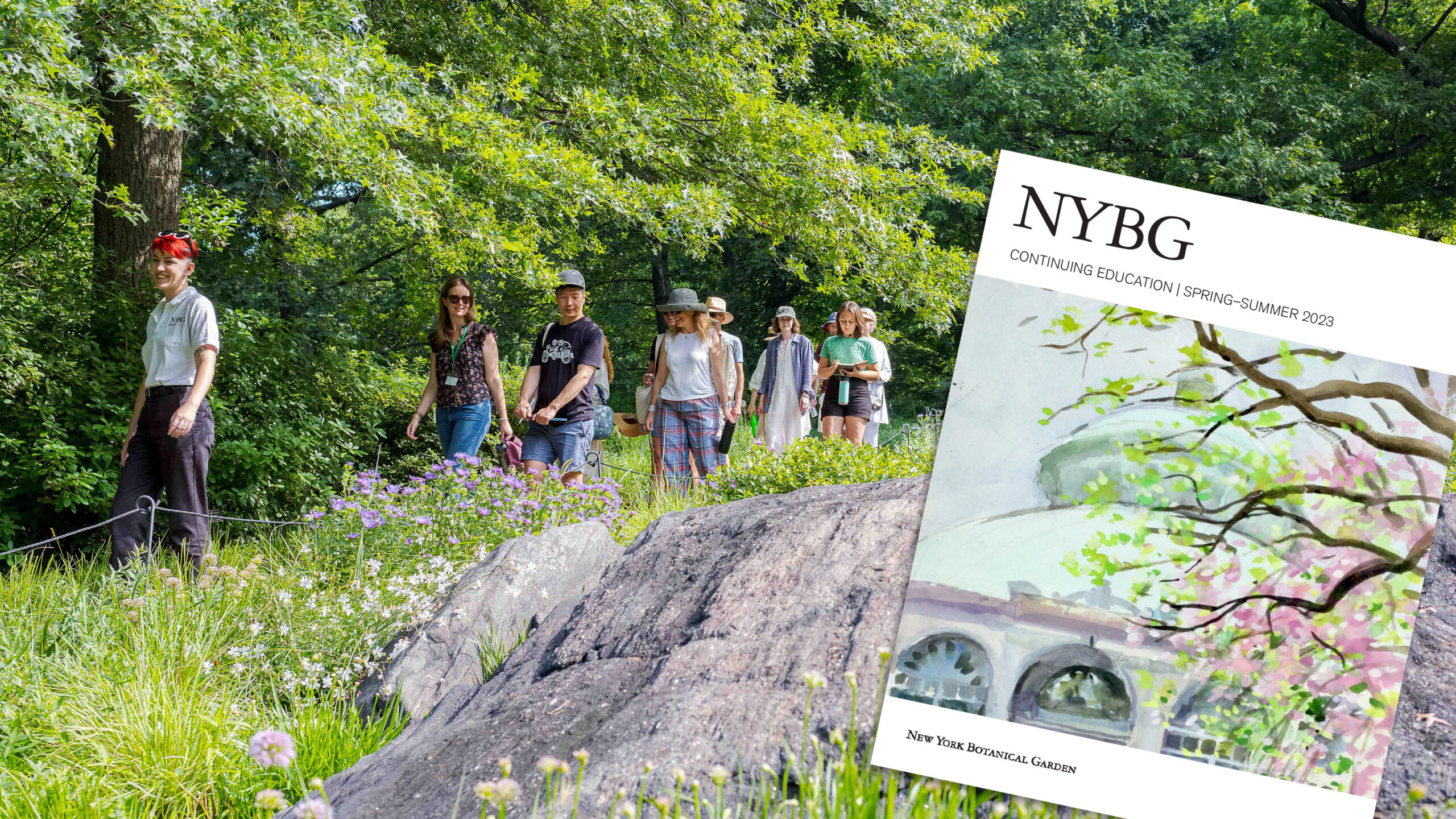 Group of people walking in the distance with grass and trees with a large rock in the foreground. A cover of the NYBG Continuing Education Spring Summer Catalog is in the front of right corner.