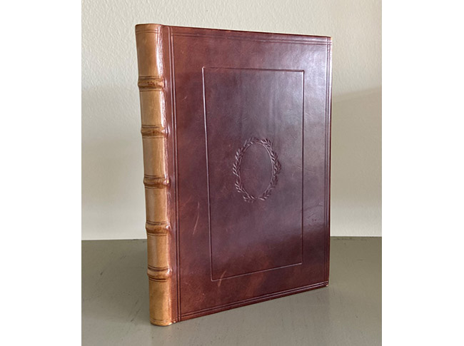 A brown, leather-bound book