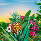 Drawn illustration of green pears, with small city in the background. In the center is a larger pineapple with white with red center hibiscus flowers, and green spiked leaves coming out. Behind the center pineapple are light looking pink bougainvillea flowers. All in front of other green leaves and rows of plantings below. A large green tree is along the other side of the image as a framing device.