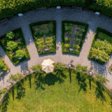 An aerial view of vibrant green garden beds