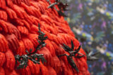A close-up photograph of dozens of red lace gloves punctuated with coral-like black structures