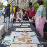 a person with long brown hair in pink sweatshirt next to a young person in red sunglasses look down at herbarium specimens