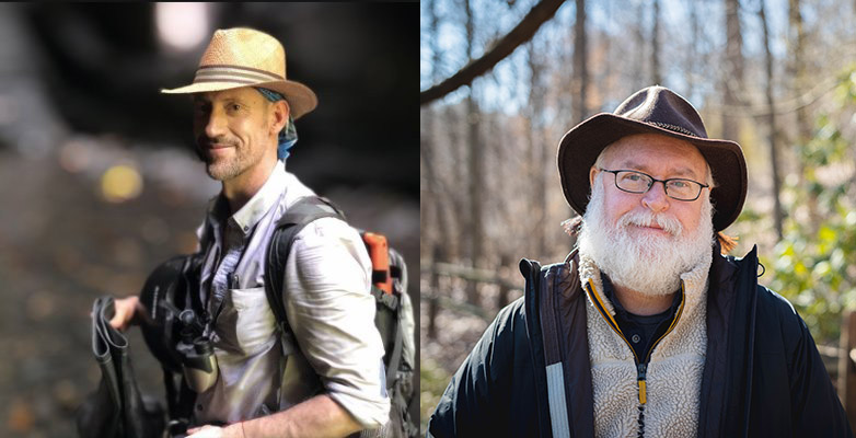 Juxtaposed images of two people in brimmed outdoor hats and hiking gear posing for photos
