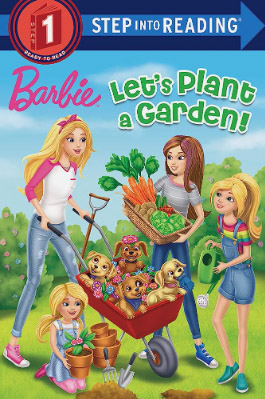 A colorful book cover that reads "Barbie: Let's Plant a Garden!" with a family of four pushing a wheelbarrow