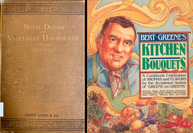 Side by side cookbooks, one wrapped in pale brown leather and the other depicting a person in a blue shirt surrounded by vegetables