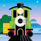 An illustration of a green steam locomotive that reads "NYBG"