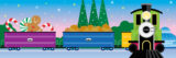 An illustration of a green steam locomotive pulling train cars full of holiday treats