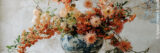 An arrangement of orange flowers in a blue and white porcelain vase