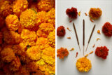 2 side-by-side images: one with a bunch of orange marigold flowers, and the other with marigold flowers in a circle on a table
