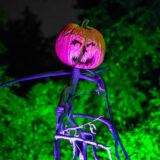 a jack-o-lantern positioned on a body made of tree limbs in green and purple light