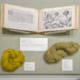 A collection of yarn samples in green and yellow displayed underneath an antique book of botanical illustrations