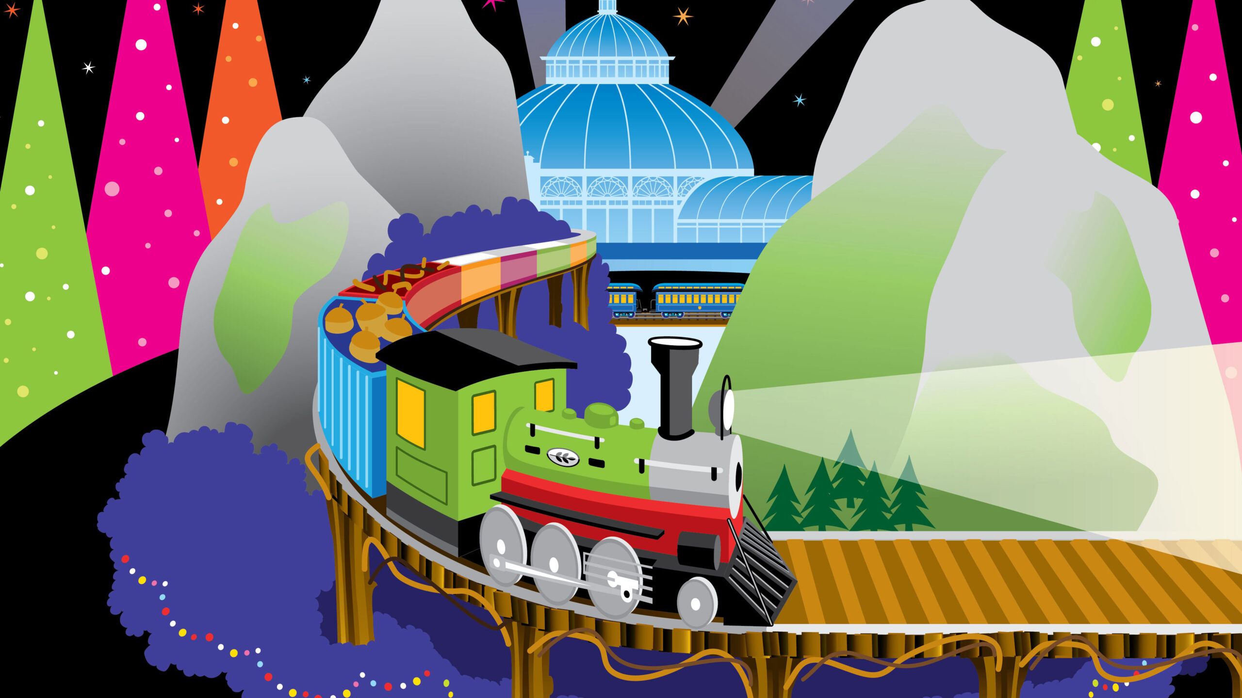 A colorful illustration of a steam locomotive traveling on a railway through mountains