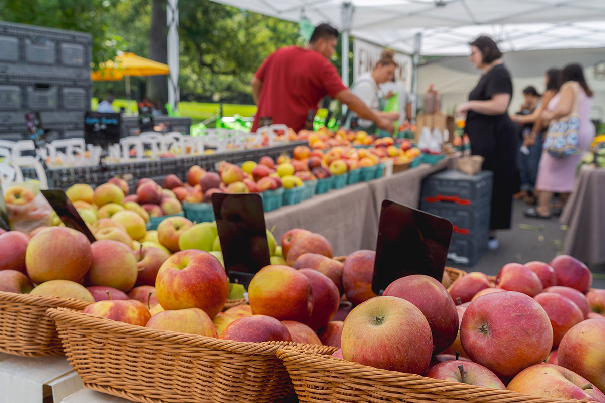 Baskets on tables are filled with apples in red, yellow, and green