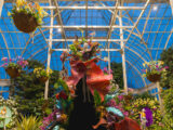 A mannequin under a conservatory dome shows off thousands of colorful flowers