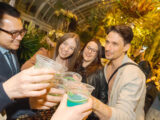 A group of four people toast with cocktails in an evening-lit conservatory setting