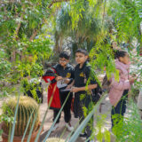 Children explore green plants and cacti in a conservatory