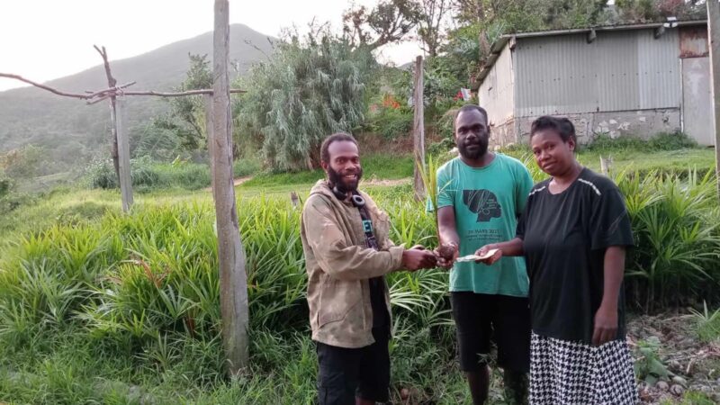Three people shake hands while posing for a photo in front of a nursery full of green palms