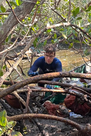 A man removes invasive debris from underneath a tree near a body of water.