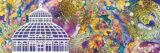 An illustration of a white conservatory dome overlaid on a patterned graphic of yellow, blue, and pink flowers