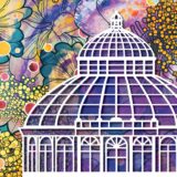 An illustration of a white conservatory dome overlaid on a patterned graphic of yellow, blue, and pink flowers