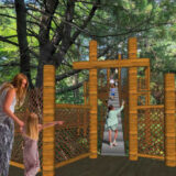 A rendering of families and children exploring a treetop bridge