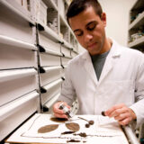 A person examines seeds in a plant laboratory